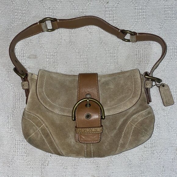 Vintage Y2K Coach Hobo Soho Buckle Flap Shoulder Bag Tan Brown Suede Leather - Picture 1 of 13